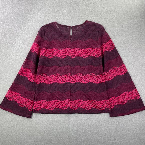 Banana Republic Top Womens L Pink Burgundy Ombre Lace Bell Sleeve Semi Sheer - Picture 2 of 12